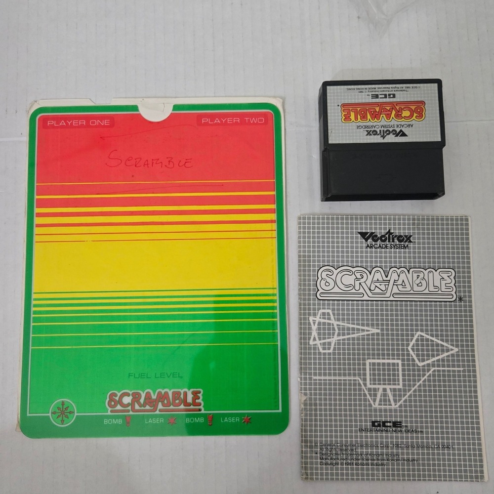 Vintage 1982 GCE Vectrex Scramble Cartridge Screen Overlay Manual Konami Retro